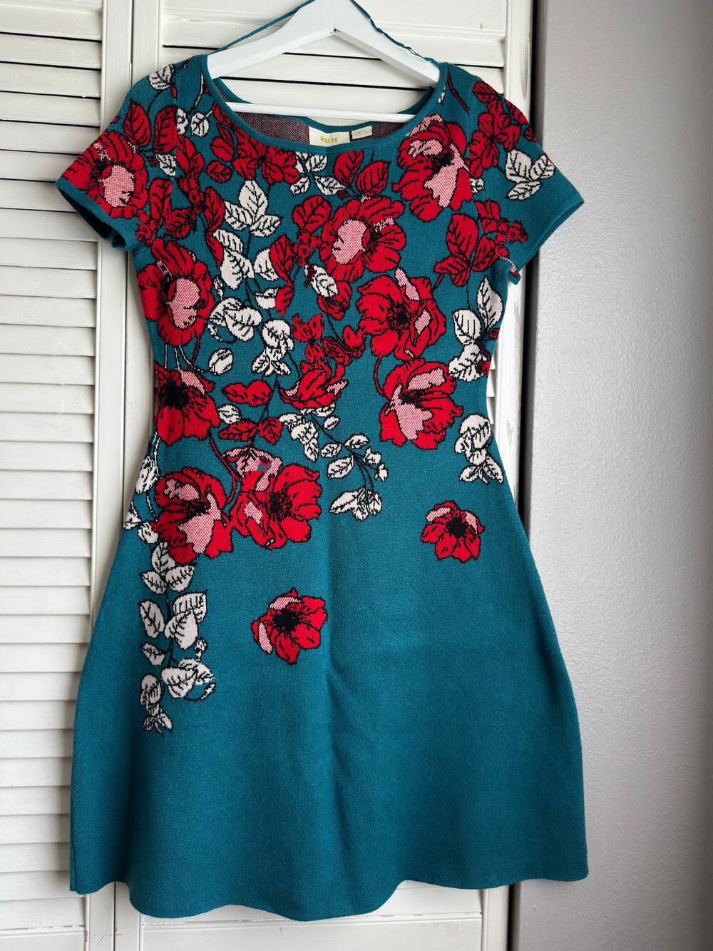 Anthropologie Maeve Allison Floral Knit Sweater Dress Teal Red Rose Jacquard S